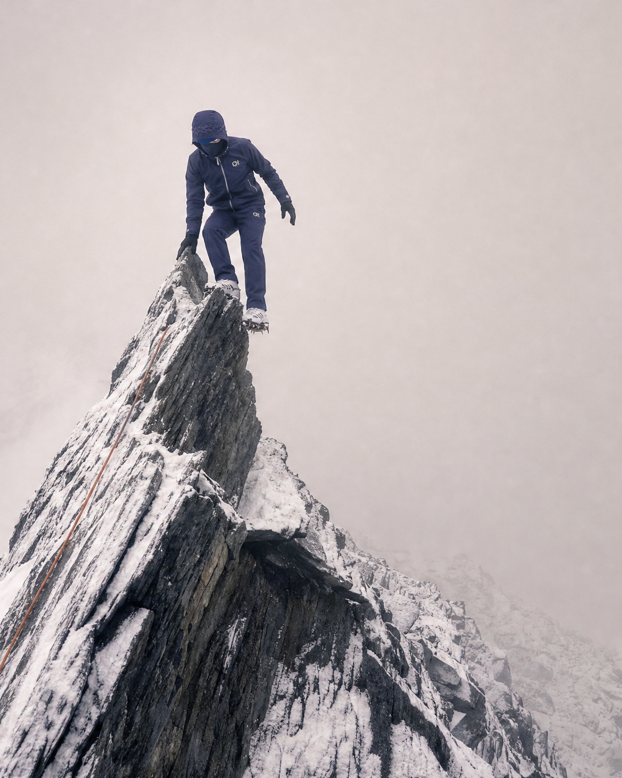 The navy CHASE HEAVEN Rain Shell on a snow-covered mountain pinnacle.