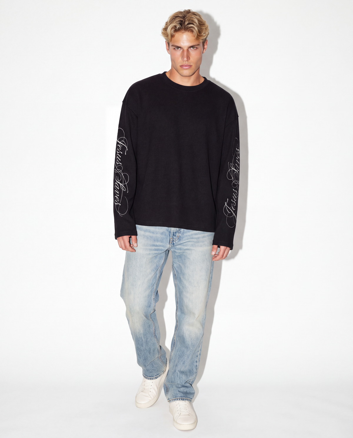 Jesus Saves Longsleeve Black, worn front 